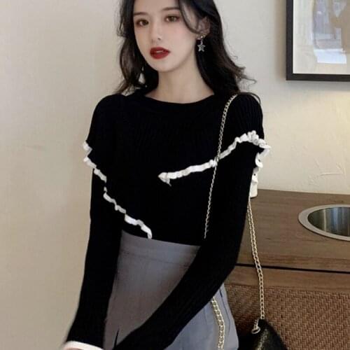 Ruffles Patchwork Sweet Knitted Pullovers Women New Simple O-neck Soft Slim Sweater 2021 Fall All Match Elegant Jumpers