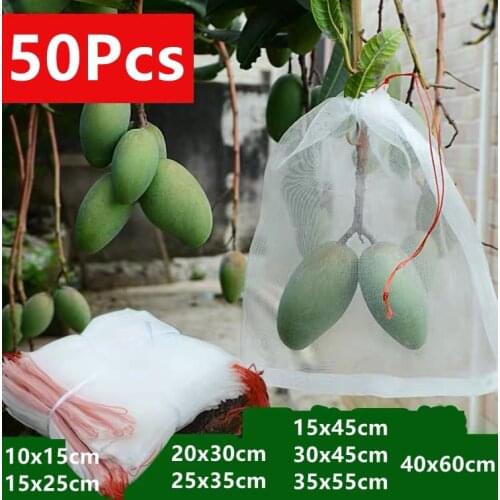50 Pcs Fruit Protection Netting Bags, Reusable Garden Fruit Drawstring Bags Net Barrier for Plant Vegetable Grapes Grow Bags