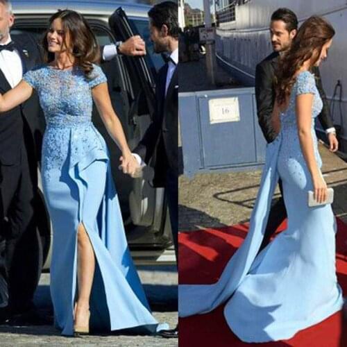 Blue Elegant Celebrity country Sparkling Sheath Runway Short sleeves 2020 pregnant modest evening dresses detachable skirt