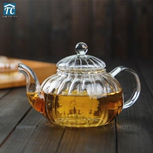 600ml Heat-resistant Glass Teapot Clear Tea Pot With Infuser Filter Tea Kettle Stripe Pumpkin Pot Flower Tea Kettle Office Home