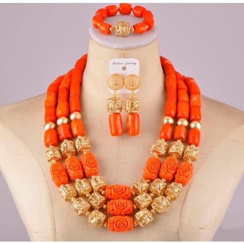 Gorgeous orange nigerian coral beads african wedding coral necklace jewelry set C21-28-02