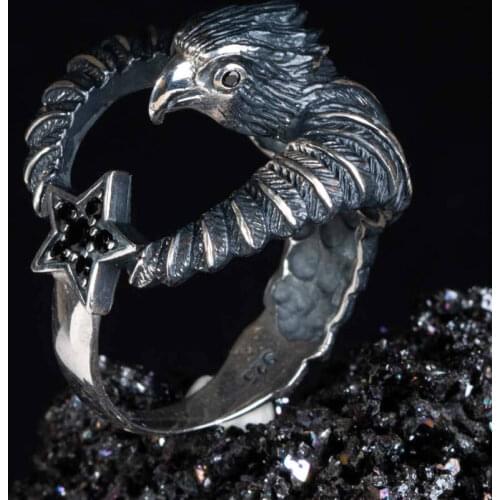 Hawk Star Silver Ring Vintage Black Zircon Men Silver Ring Made In Turkey Solid 925 Sterling Silver