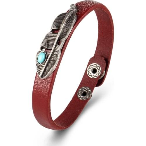 Vintage Punk Retro Europe Style Red Leaf Metal Wrap Wristband Stone Braid Rope Leather Bracelet For Men Woman Jewelry Gift