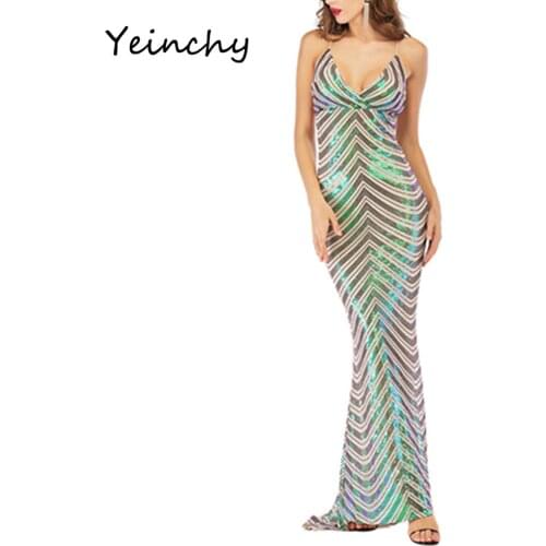 Yeinchy deep v Neck stretch Sequins Women sexy Maxi Dresses Elegant Sleeveless Female Party bodycon strap Dresses FM6185