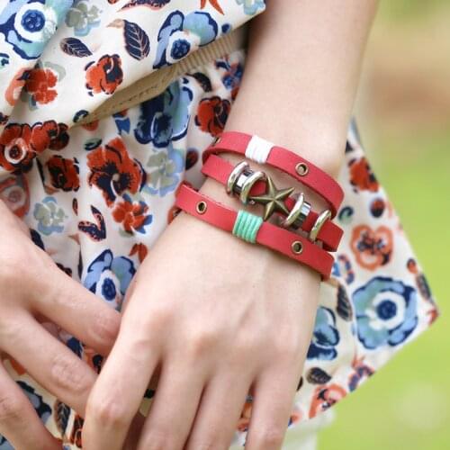 2019 New Fashion Multi-layer Woman High Street Leather Bracelet Gold Five Star Lady Bracelet Luxury Wrap Catwalk Jewelry