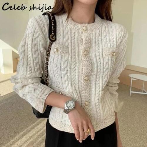 SHIJIA Single Breasted Knitted Coat Woman O-neck Fall New Korean Fashion Apricot Sweater Woman Autumn Runway Knitted Cardigan