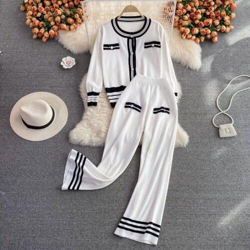 Amolapha Women 2021 Casual Knitted Clothing Sets O-Neck Long Sleeve Striped Cardigan Sweater+High Waist Wide Legs Pants Suits