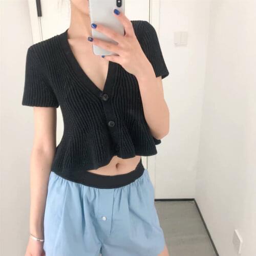 Women Sweater 2020 Autumn and Winter New V-neck Single-breasted Short-sleeved Knitted Cardigan Sweater