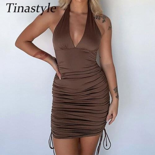 Tinastyle Deep V Neck Drawstring Ruched Dress Women Halter Backless Bandage Bodycon Summer Summer Solid Casual Dress Vestidos