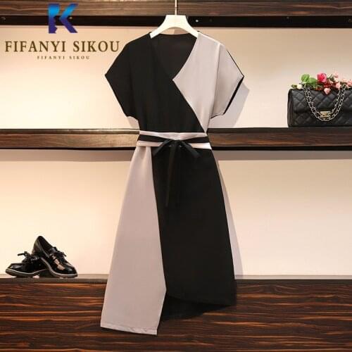 2020 Summer Women Loose Plus Size Dress V-Neck Short sleeve Patchwork Fashion Mid Long Dress Female Lace up Elegant Party Dress