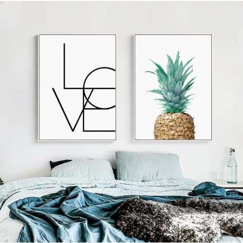Pineapple and LOVE Minimalist Scandinavian Poster Wall Art Canvas Painting Modern Wall Picture Print Living Room Home Decor