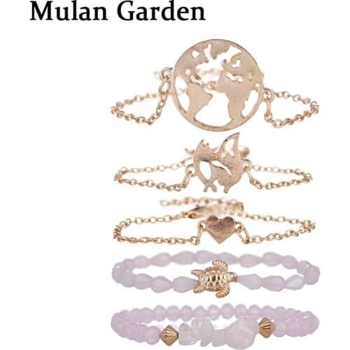 M&G Ethnic Boho Fashion Gold Charm Bracelets for Women Fox Turtle Map Beads Heart Multilayer Bracelets Set Jewelry Accessories