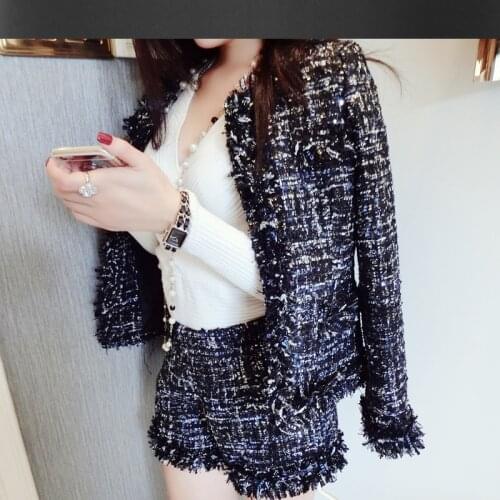 Black sequins tweed jacket + shorts suit spring / autumn / winter womens jackets was thin woolen shorts suit office ladies coat