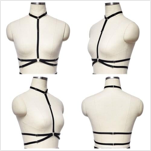 Black Bondage Body Harness Bra Women Sexy Lingerie Belt Punk Adjustable Harness Hollow Open Chest Bra Goth Elastic Body Cage