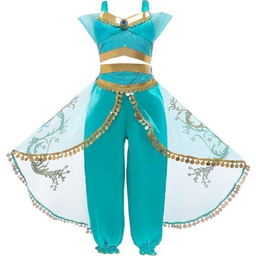Kids Christmas Halloween Party Girls Fancy Aladdin Dress Jasmine Princess Cosplay Costume Girls Clothes Sets Performance Costume