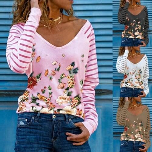 Spring Autumn New V-Neck T Shirts Vintage Floral Print Patchwork Pullover Tops Fashion Striped Long Sleeve Streetwear