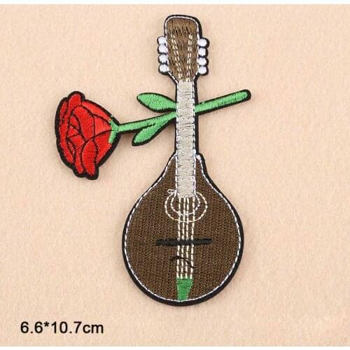 Guitar With Flower Skull Cross Crucifix Iron On Patches Embroidered Clothes Stickers Garment Apparel Accessories