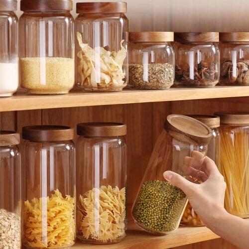 Kitchen Transparent Glass Bottle Wooden Lid Sealed Storage Jar Household Multigrain Storage Jar Organizer