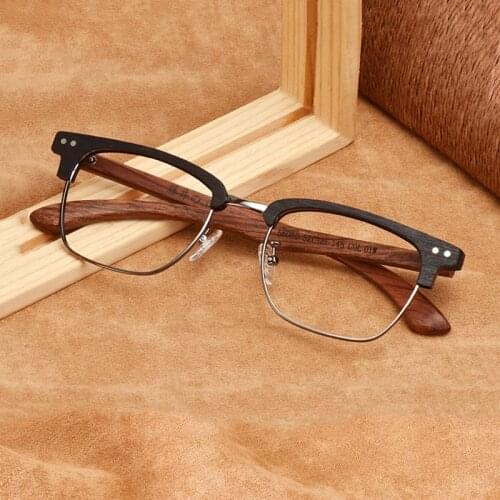 AZB Vintage Wood Glasses Frame Men Semi-Rimless Square Luxury Brand Designe Prescription Myopia Optical Eyeglasses Frame Eyewear