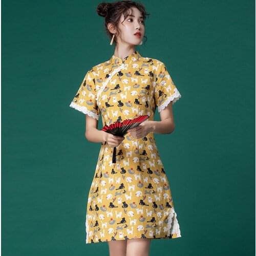 2021 Summer New Womens Art Cat Stand Collar Corn Buckle Lace Slim Improvement Cheongsam Dress