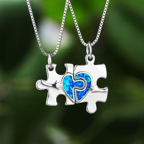 Blue Opal Stone Detachable Pendant Necklace Geometric Jigsaw Love Heart Necklace Vintage Silver Color Chain Necklaces For Women