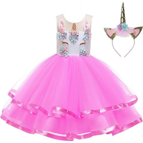 Unicorn Girls Dress Unicorn Headwear Princess Dresses For Girl Birthday Present Party Clothes Kids Christmas Children Costume