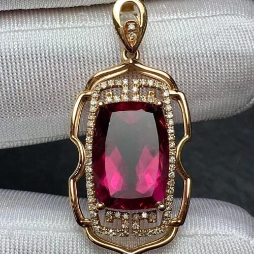 Rubillite Tourmaline Pendant Real 18 K Gold 100% Natural Rubillite Tourmaline 8.2ct Gemstones Diamond Pendant Necklace