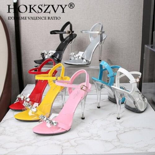 HOKSZVY Fashion Shoes Peep-Toe PVC Rhinestone High Heels Buckle High Heel Candy Color Sandals Crystal Heel Party Shoes LFD