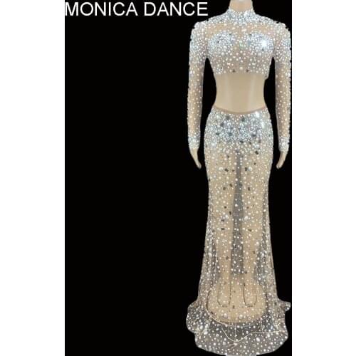 Sexy Sparkly Silver Rhinestone Mirror Transparent T-shirt Long Skirt Women Birthday Celebrate Pearl Costume Dancer Outfit Set