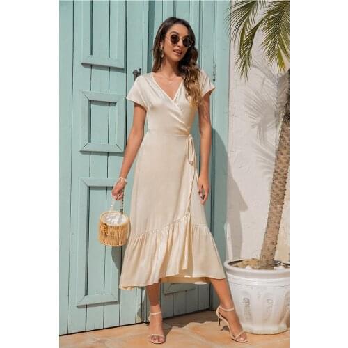 ROMANLAIXI Sexy Womens Clothing Net Red V-Neck Tie Irregular Comfortable Simple Slim Dress 2021 Summer