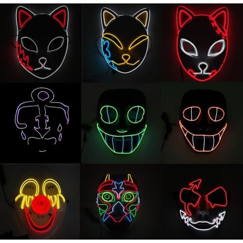 Glowing Cosplay EL Wire Mask Scary Smiling Face Joker Mask Demon Slayer Fox Mascara Party Decoration Glow In Dark
