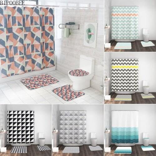 Geometry Art Shower Curtains Wavy Stripes Non-slip Carpet Lid Toilet Cover Bath Mats Mildew Proof Bathroom Curtain with Hooks