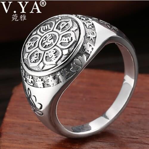 V.YA 925 Sterling Silver Buddhism Lotus Rings for Women Men Vintage Couple Six Words Mantra Punk Jewelry