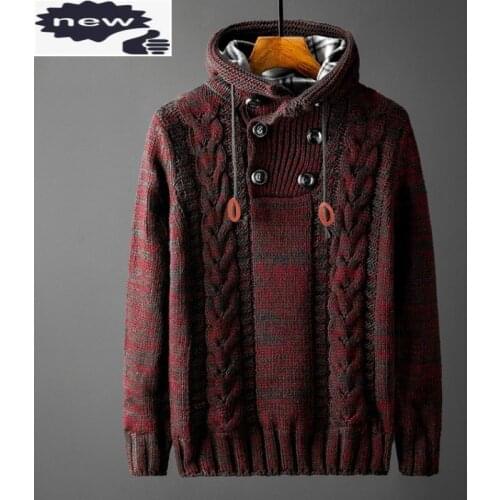 Japan Style Winter Thicken Fleece Sweater Mens Long Sleeve Double Breasted Hooded Pullover Casual Knitting Sweaters Plus Size