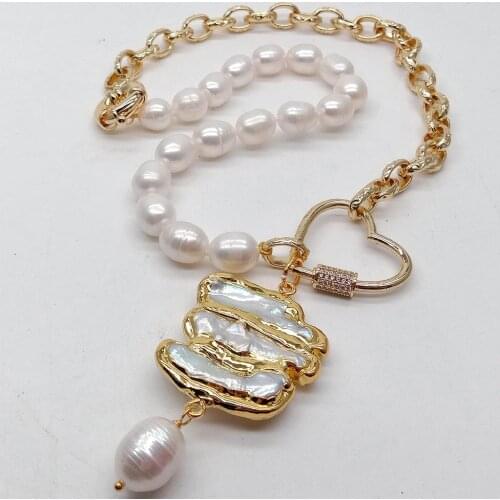 YYGEM Natural Cultured White Rice Pearl Gold Color Plated Link Chain Biwa Pearl Pendant Necklace 19