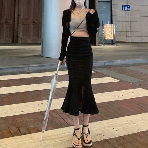 Autumn and Winter High Waist Denim Split Skirt Women 2021 New High Waist Mid-length Hot Girl Black Bag Hip Fishtail Skirt Skirt