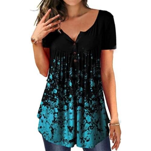 New Womens Summer Plus Size Printed Button Casual T Shirt Short Sleeve Fashion Loose Female Tops Pullovers S-5XL