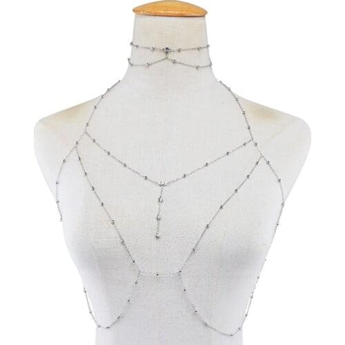 Ladies Fashion Chest Chains Shiny Crystal Rhinestone Mesh Body Bra Sexy Charm Women Transparent Body Chest Chain Jewelry