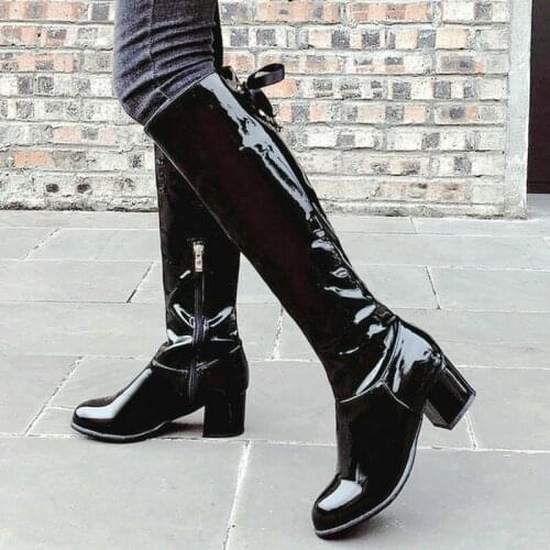 Black Wine Red 2020 Women Boots Fashion Lace Up Women Knee High Boots Thick Heel Women Long Boots Zipper Ladies Winter Boots