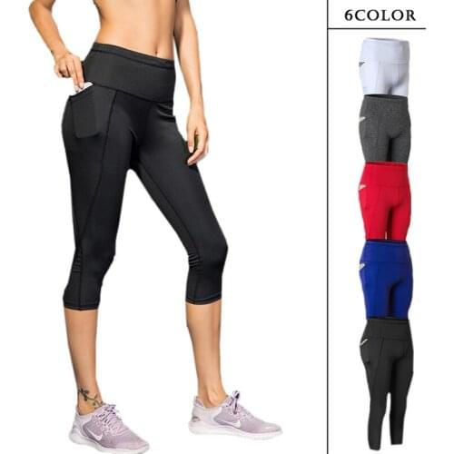 Womens Running Cropped Pants Pocket Fitness Sports Jogging High Waist Quick drying Elastic Skinny Pant Woman Sport Wearing