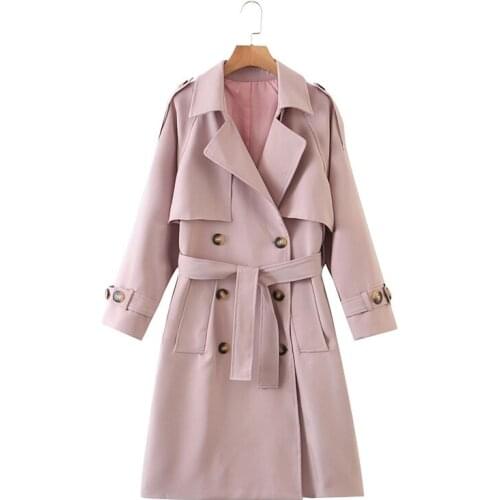 MESTTRAF Women 2021 Fashion Solid Color Long Trench Coat Vintage Long Sleeve Double Breasted Office With Belt Jacket