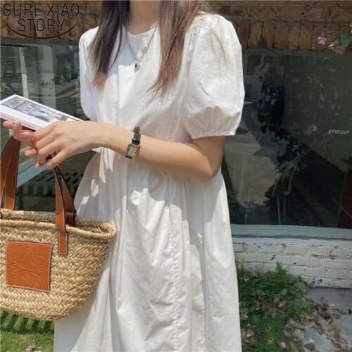 Summer Long Dress Korean Chic Round Collar Solid Short Puff Sleeves Maxi Dresses for Women Plus Size Loose Casual Dress 14516
