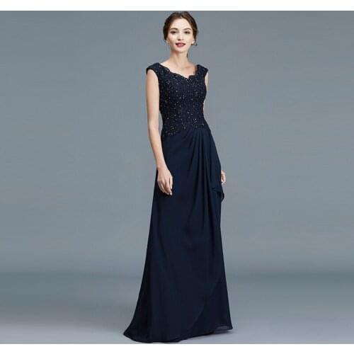 Hot Sale Charming Navy Blue Chiffon Lace Top Mother of the Bride Dresses Cap Sleeves Beaded Wedding Party Gowns Back Out