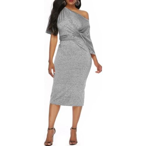 2021 Summer Womens Casual Dress Oblique Shoulder Short Sleeved Temperament Elegant Bow Sexy Bag Hip Yellow-Gray Long Skirt