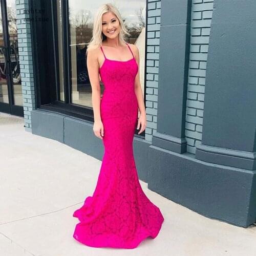Long Mermaid Evening Dresses Crisscross Back Sweep Train Sexy Lace 2020 Fuchsia Pink Women Formal Party Dresses Robe De soiree