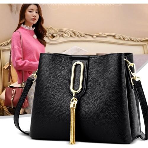 100% Cowhide Fabric Women Handbags Female Shoulder Bag Designer Luxury Lady Tote Large Capacity shoulder bag Tassel bucket bag