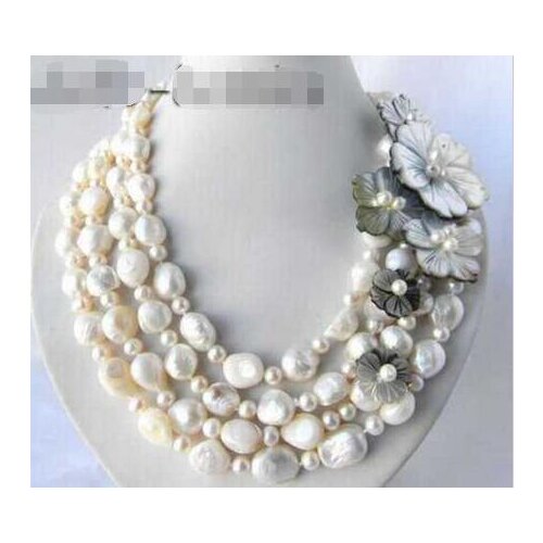 4Strands 18'' 13mm White Round Baroque Freshwater Pearl Shell Flower Necklac