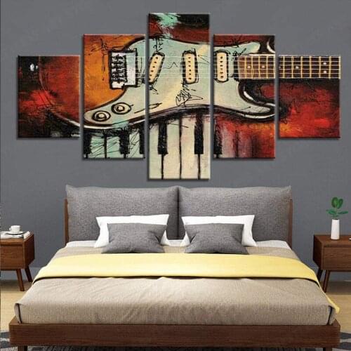 5 Panel Canvas Wall Art Paintings Pictures Artworks Accessories Vintage Abstract Guitar Printed Poster Framework