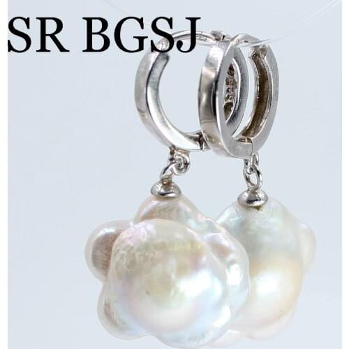 Free Ship 16-17mm White Baroque Edsion Freshwater Pearl Women Jewelry Dangle Earrings