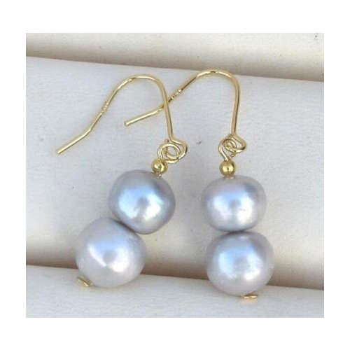 Noble jewelry PERFECT 9-10mm AAA+gray pearl drop earring 14K/20 YELLOW GOLD